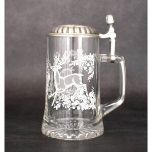 Glass And Metal Tankard W/Hinged Lid Deer Motive Stein Beer Mug